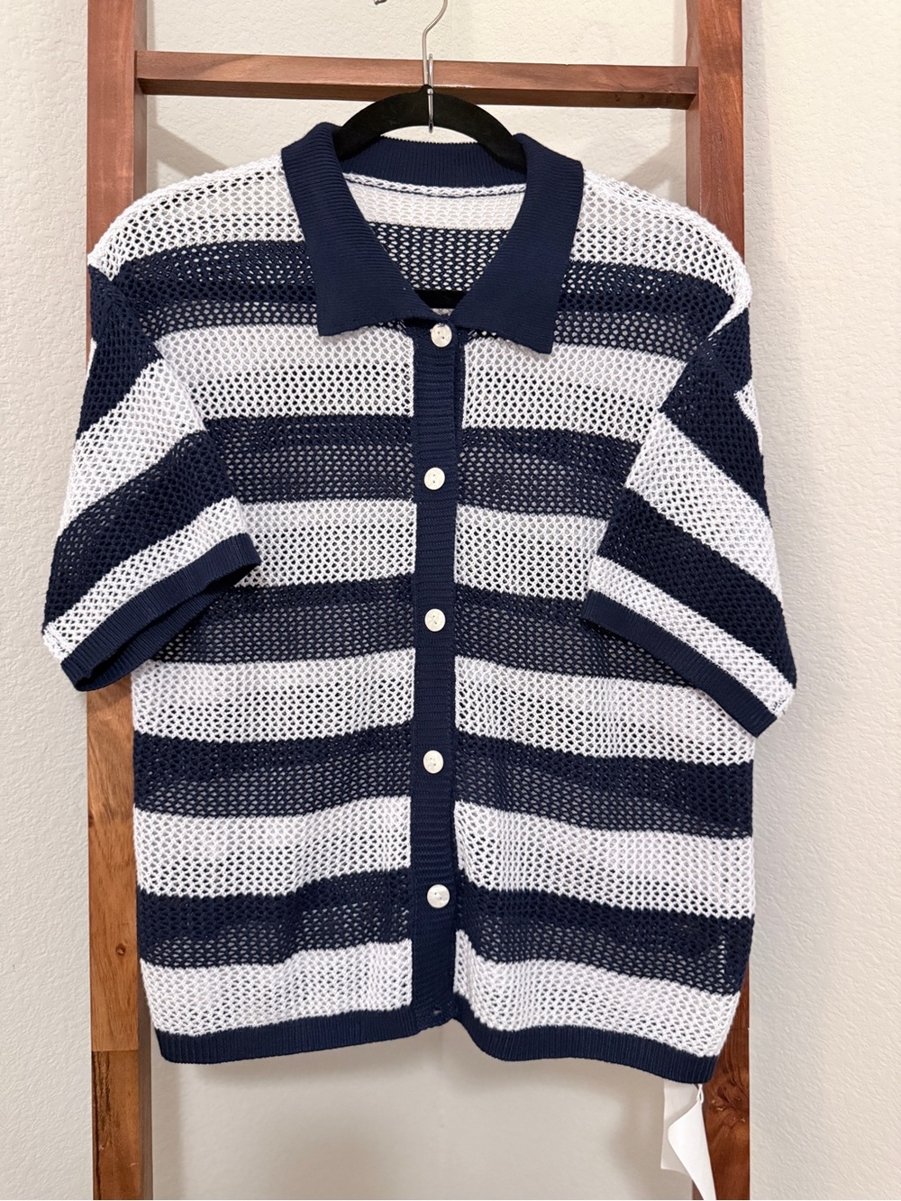 Cicy Bell Navy and White Striped Open-Knit Button Cardigan Size M NWT